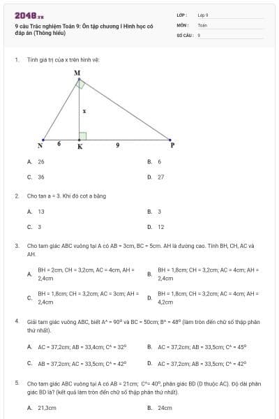 9 câu Trắc nghiệm Toán 9: Ôn tập chương I Hình học có đáp án (Thông hiểu)
