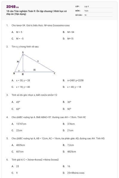 18 câu Trắc nghiệm Toán 9: Ôn tập chương I Hình học có đáp án (Vận dụng)