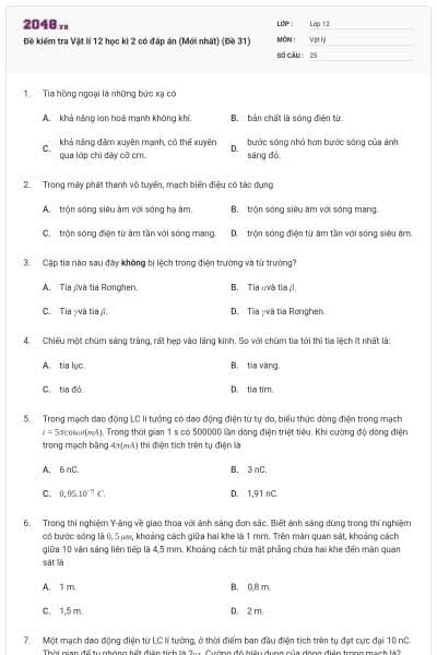 Đề kiểm tra Vật lí 12 học kì 2 có đáp án (Mới nhất) (Đề 31)