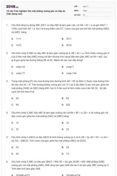 10 câu Trắc nghiệm Hai mặt phẳng vuông góc có đáp án (Vận dụng cao)