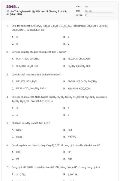 20 câu Trắc nghiệm Ôn tập Hóa học 11 Chương 1 có đáp án (Nhận biết)