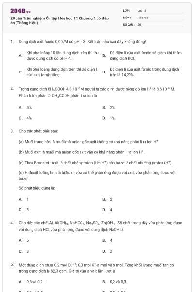 20 câu Trắc nghiệm Ôn tập Hóa học 11 Chương 1 có đáp án (Thông hiểu)