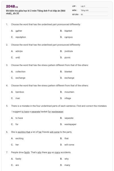 Đề kiểm tra giữa học kì 2 môn Tiếng Anh 9 có đáp án (Mới nhất)_ đề 35