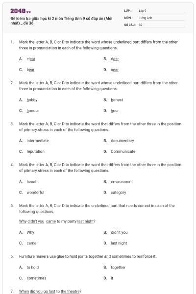Đề kiểm tra giữa học kì 2 môn Tiếng Anh 9 có đáp án (Mới nhất) _ đề 36