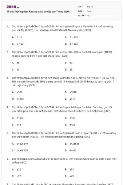 15 câu Trắc nghiệm Khoảng cách có đáp án (Thông hiểu)