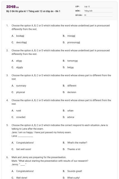 Bộ 3 Đề thi giữa kì 1 Tiếng anh 12 có đáp án - Đề 1