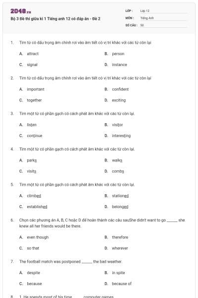 Bộ 3 Đề thi giữa kì 1 Tiếng anh 12 có đáp án - Đề 2