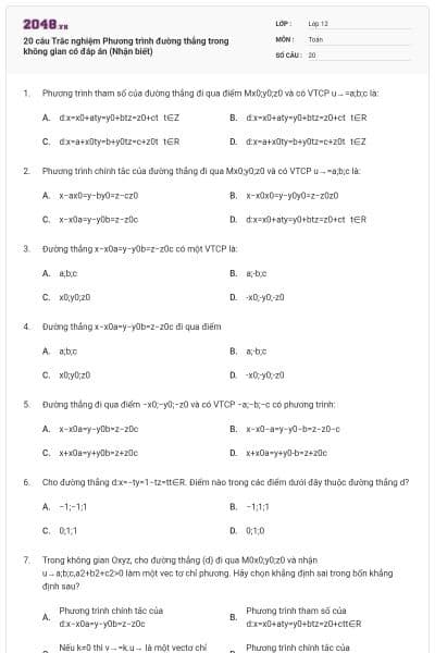 20 câu Trắc nghiệm Phương trình đường thẳng trong không gian có đáp án (Nhận biết)