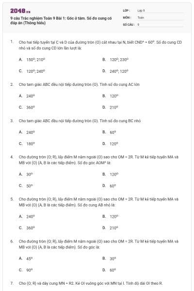 9 câu Trắc nghiệm Toán 9 Bài 1: Góc ở tâm. Số đo cung có đáp án (Thông hiểu)