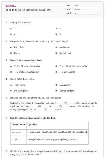 Bộ 15 đề thi Học kì 1 Sinh học 8 có đáp án - Đề 1