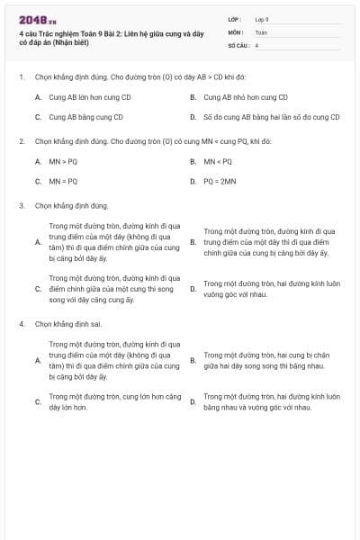 4 câu Trắc nghiệm Toán 9 Bài 2: Liên hệ giữa cung và dây có đáp án (Nhận biết)