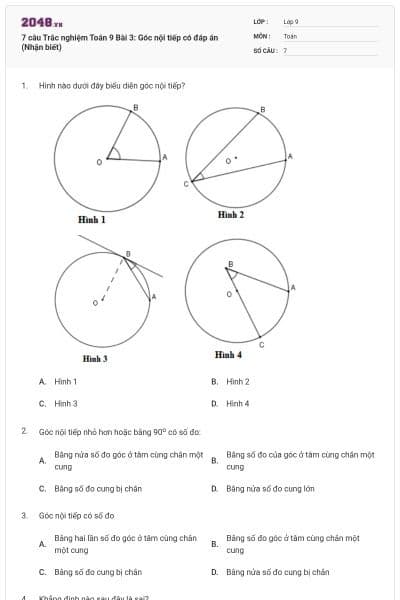 7 câu Trắc nghiệm Toán 9 Bài 3: Góc nội tiếp có đáp án (Nhận biết)