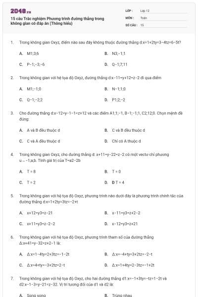 15 câu Trắc nghiệm Phương trình đường thẳng trong không gian có đáp án (Thông hiểu)
