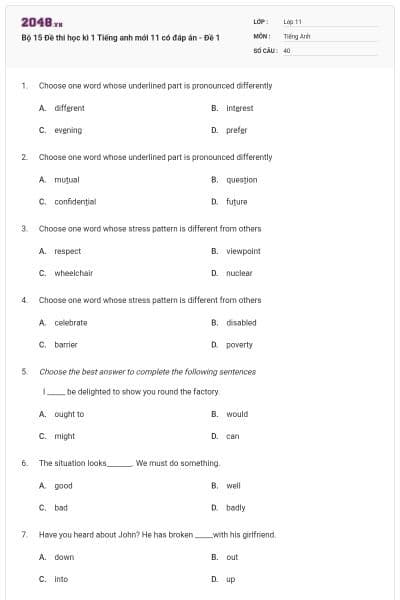 Bộ 15 Đề thi học kì 1 Tiếng anh mới 11 có đáp án - Đề 1
