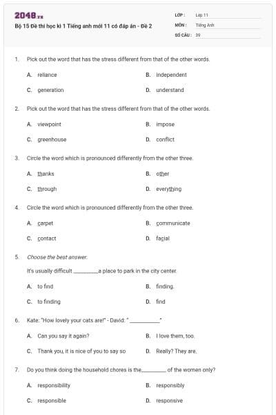 Bộ 15  Đề thi học kì 1 Tiếng anh mới 11 có đáp án - Đề 2