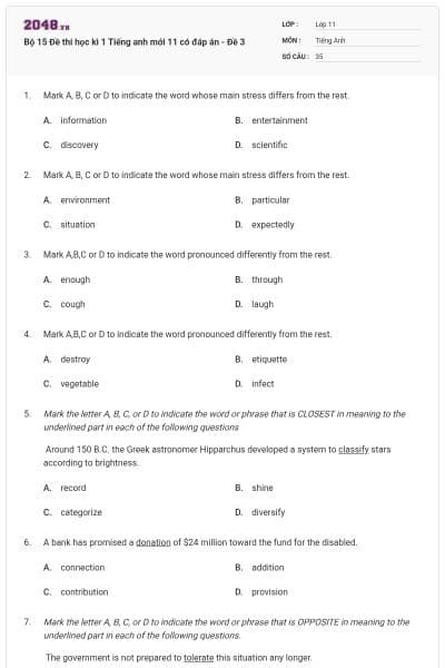 Bộ 15  Đề thi học kì 1 Tiếng anh mới 11 có đáp án - Đề 3