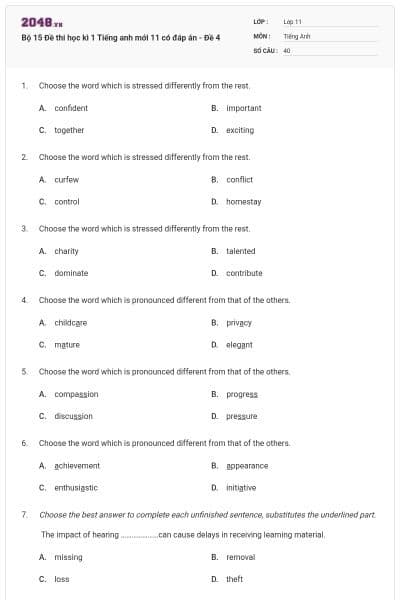 Bộ 15  Đề thi học kì 1 Tiếng anh mới 11 có đáp án - Đề 4
