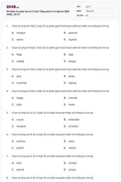 Đề kiểm tra giữa học kì 2 môn Tiếng Anh 9 có đáp án (Mới nhất)_ đề 37