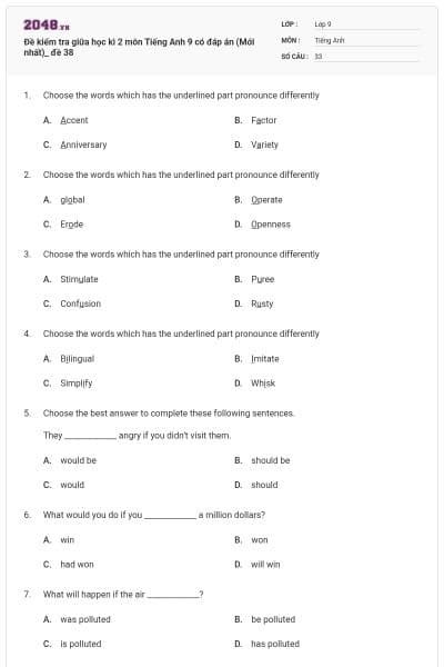 Đề kiểm tra giữa học kì 2 môn Tiếng Anh 9 có đáp án (Mới nhất)_ đề 38