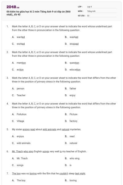 Đề kiểm tra giữa học kì 2 môn Tiếng Anh 9 có đáp án (Mới nhất)_ đề 40