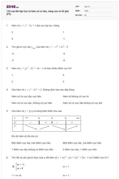 120 câu Bài tập Cực trị hàm số cơ bản, nâng cao có lời giải (P3)