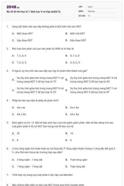 Bộ 20 đề thi Học kì 1 Sinh học 9 có đáp án(Đề 9)