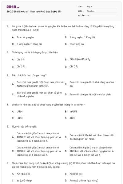 Bộ 20 đề thi Học kì 1 Sinh học 9 có đáp án(Đề 10)