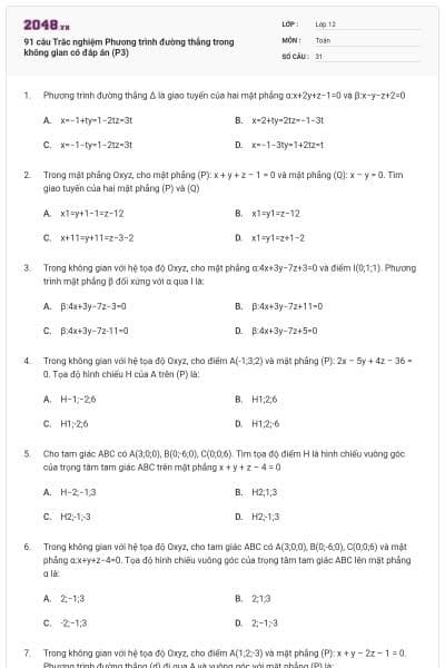 91 câu Trắc nghiệm Phương trình đường thẳng trong không gian có đáp án (P3)