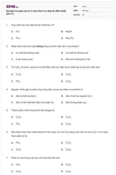 Đề kiểm tra giữa học kì 2 môn Hoá 9 có đáp án (Mới nhất) (Đề 21)