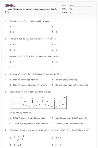 120 câu Bài tập Cực trị hàm số cơ bản, nâng cao có lời giải (P3)