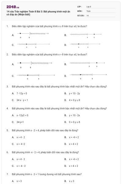14 câu Trắc nghiệm Toán 8 Bài 3: Bất phương trình một ẩn có đáp án (Nhận biết)