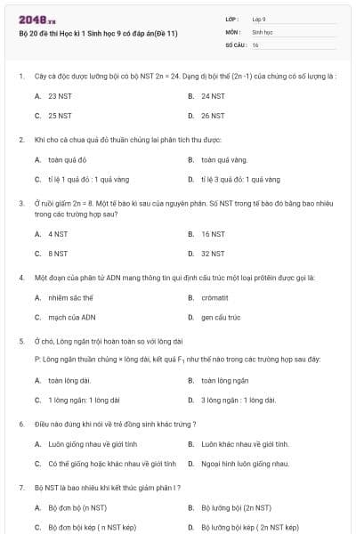 Bộ 20 đề thi Học kì 1 Sinh học 9 có đáp án(Đề 11)