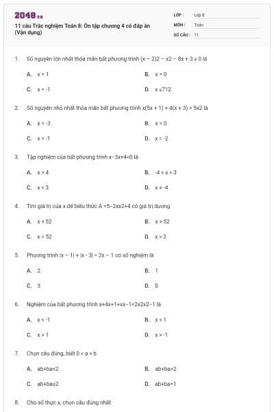 11 câu Trắc nghiệm Toán 8: Ôn tập chương 4 có đáp án (Vận dụng)