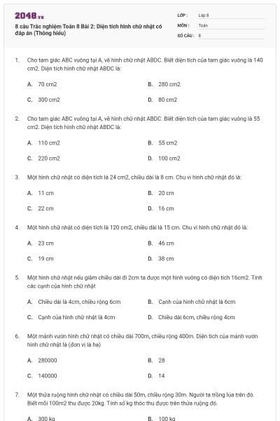 8 câu Trắc nghiệm Toán 8 Bài 2: Diện tích hình chữ nhật có đáp án (Thông hiểu)
