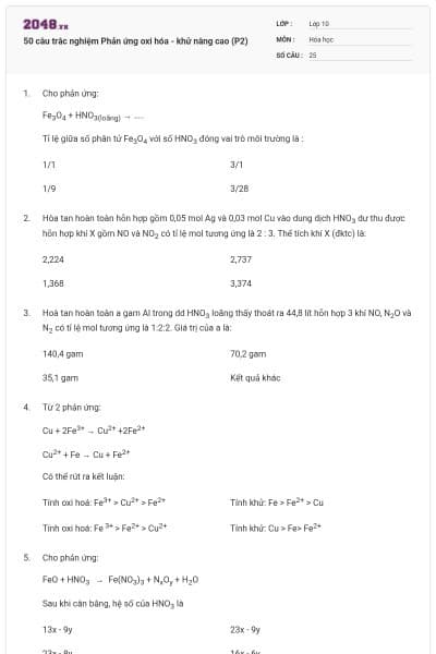 50 câu trắc nghiệm Phản ứng oxi hóa - khử nâng cao (P2)