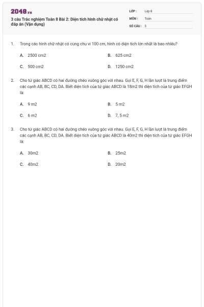 3 câu Trắc nghiệm Toán 8 Bài 2: Diện tích hình chữ nhật có đáp án (Vận dụng)