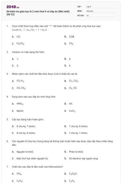 Đề kiểm tra giữa học kì 2 môn Hoá 9 có đáp án (Mới nhất) (Đề 22)