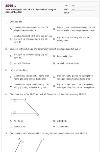5 câu Trắc nghiệm Toán 8 Bài 4: Diện tích hình thang có đáp án (Nhận biết)