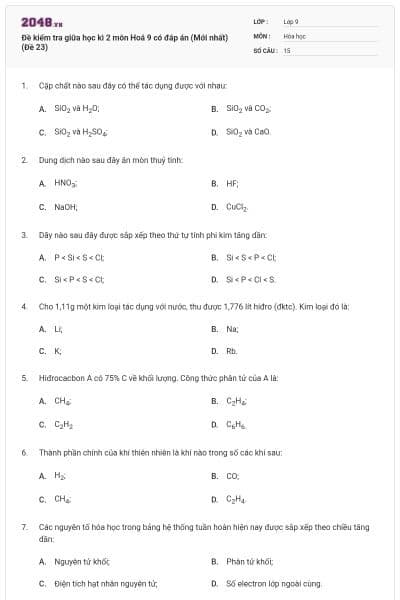 Đề kiểm tra giữa học kì 2 môn Hoá 9 có đáp án (Mới nhất) (Đề 23)
