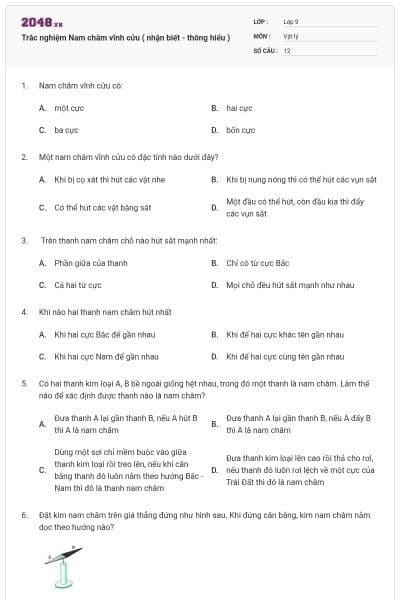 Trắc nghiệm Nam châm vĩnh cửu ( nhận biết - thông hiểu )