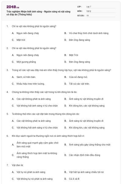 Trắc nghiệm Nhận biết ánh sáng - Nguồn sáng và vật sáng có đáp án (Thông hiểu)