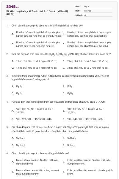 Đề kiểm tra giữa học kì 2 môn Hoá 9 có đáp án (Mới nhất) (Đề 24)