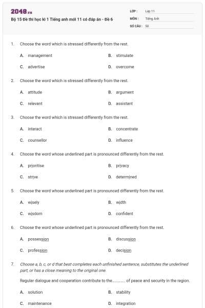 Bộ 15  Đề thi học kì 1 Tiếng anh mới 11 có đáp án - Đề 6