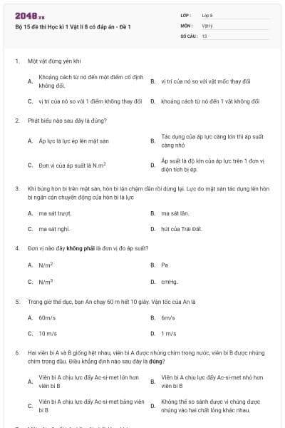 Bộ 15 đề thi Học kì 1 Vật lí 8 có đáp án - Đề 1