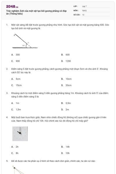 Trắc nghiệm Ảnh của một vật tạo bởi gương phẳng có đáp án (Thông hiểu)