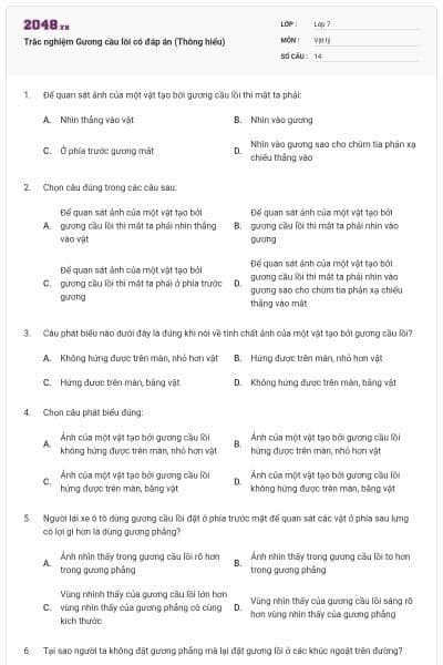 Trắc nghiệm Gương cầu lồi có đáp án (Thông hiểu)