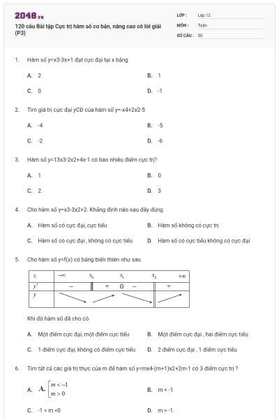120 câu Bài tập Cực trị hàm số cơ bản, nâng cao có lời giải (P3)