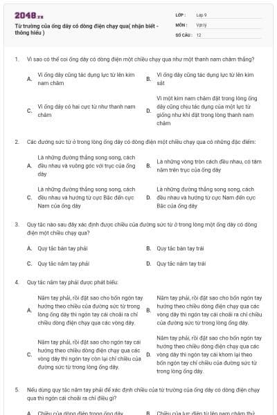 Từ trường của ống dây có dòng điện chạy qua( nhận biết - thông hiểu )