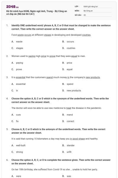 Đề thi minh họa ĐGNL Ngôn ngữ Anh, Trung - Bộ Công an có đáp án (Mã bài thi CA1)