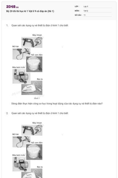 Bộ 20 đề thi học kì 1 Vật lí 9 có đáp án (Đề 1)